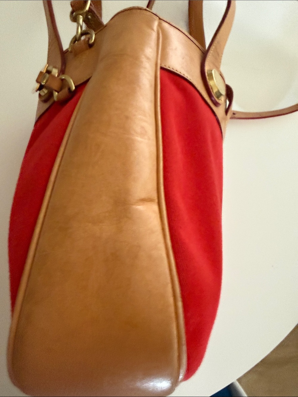 Dooney & Bourke Vintage Cabriolet Red Canvas and Tan Leather Shoulder Bag - Picture 12 of 16